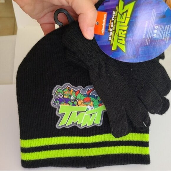 Boys Ninja Turtles Black Green Warm Fall Winter Beanie Toque Hat + Gloves Set - Picture 2 of 8